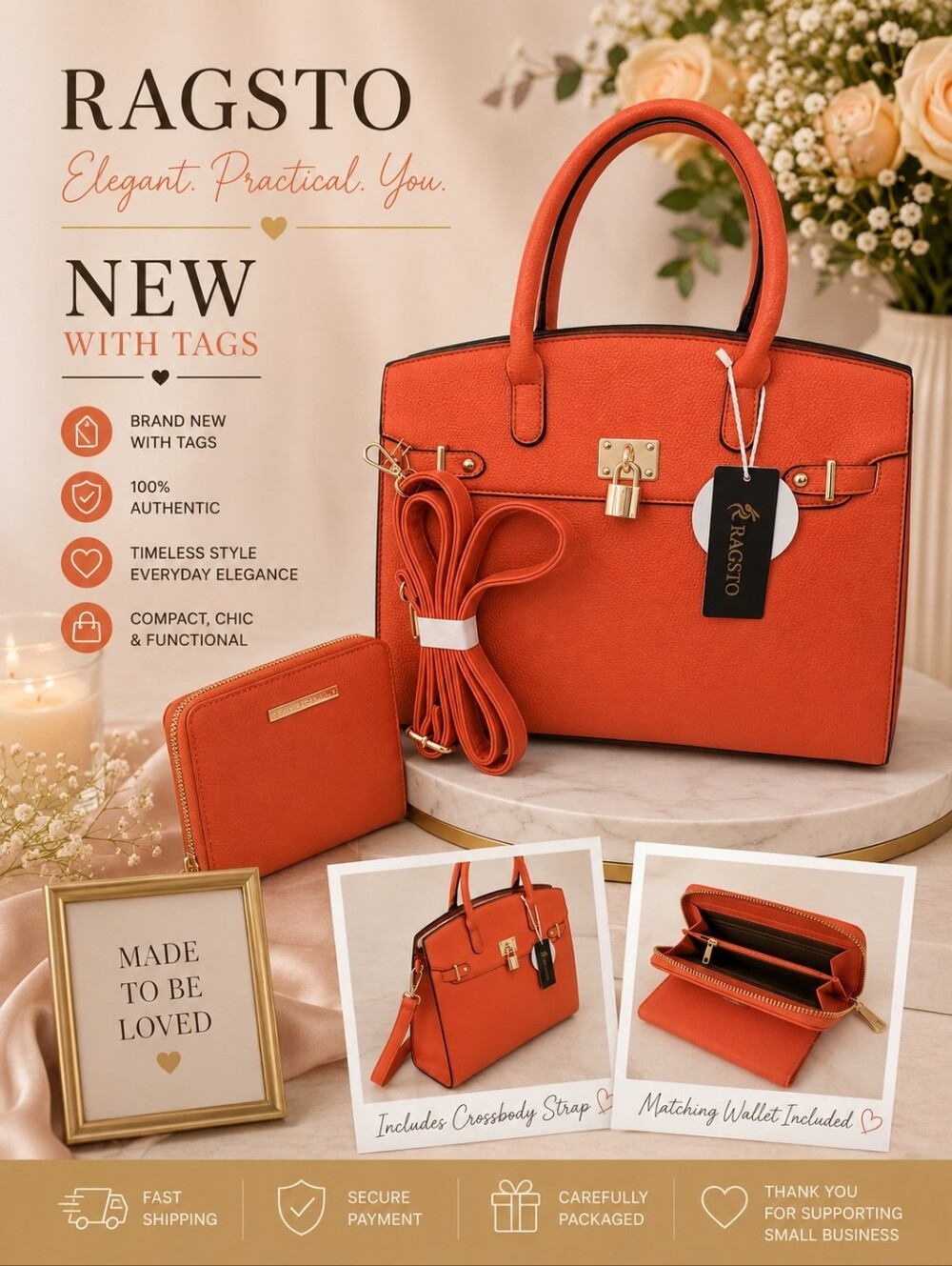 Orange Structured Tote with Matching Wallet